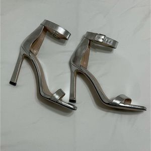 Stuart Weitzman Metallic Silver Leather Strap Heels - Nudistcurve Sandal